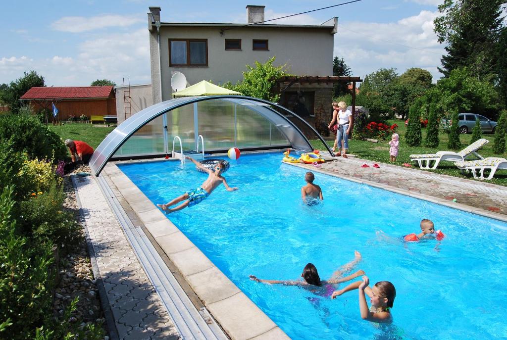a group of children playing in a swimming pool at Ferienhaus Hlidek in Nová Lhota