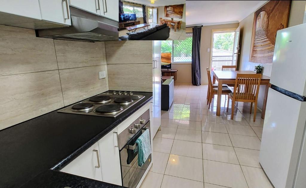 2 fotos de una cocina con fogones y comedor en 2 Bedroom 3 Bed Villa Inner City, en Toowoomba