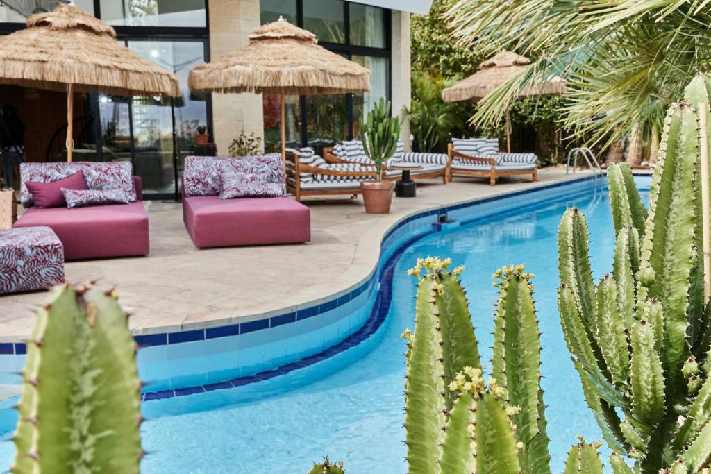 een zwembad met cactussen en stoelen in een resort bij Villa Balfour in Eilat