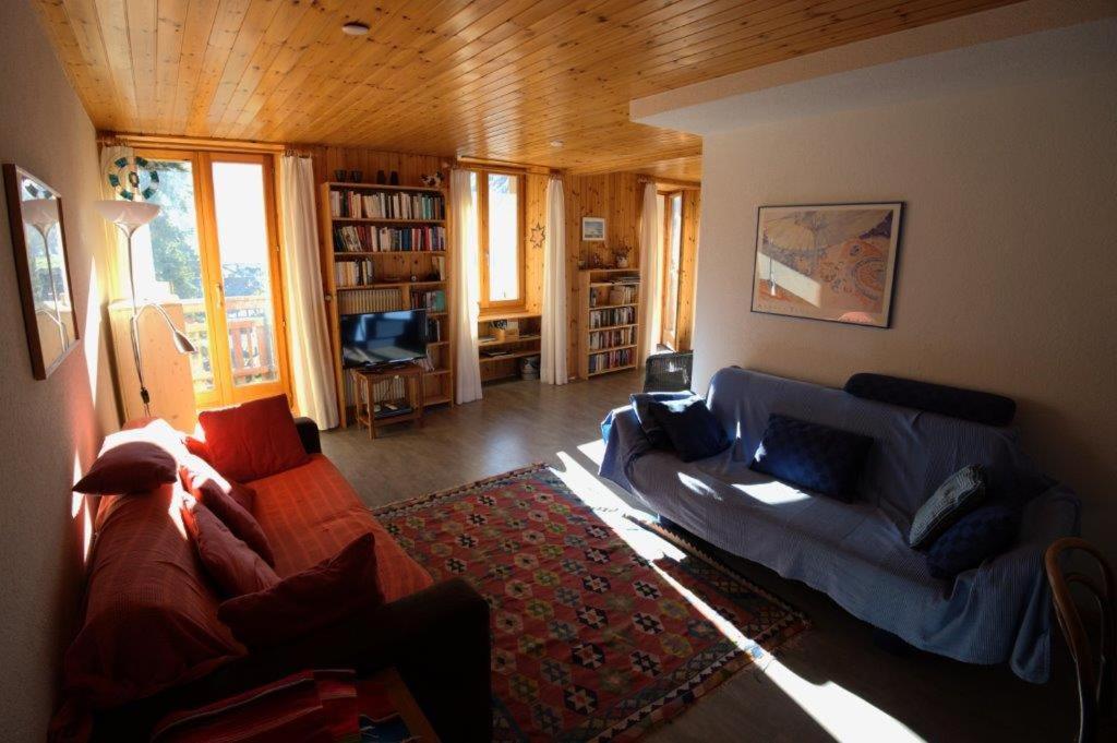 sala de estar con sofá azul y alfombra en Grosszügige Ferienwohnung für 1-6 Gäste, en Evolène