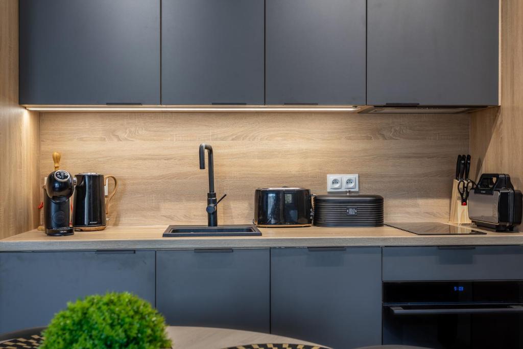 Kuchyňa alebo kuchynka v ubytovaní Stone Hill Apartament Wellness z basenem jakuzi saunami prywatnym garażem i rowerami w cenie