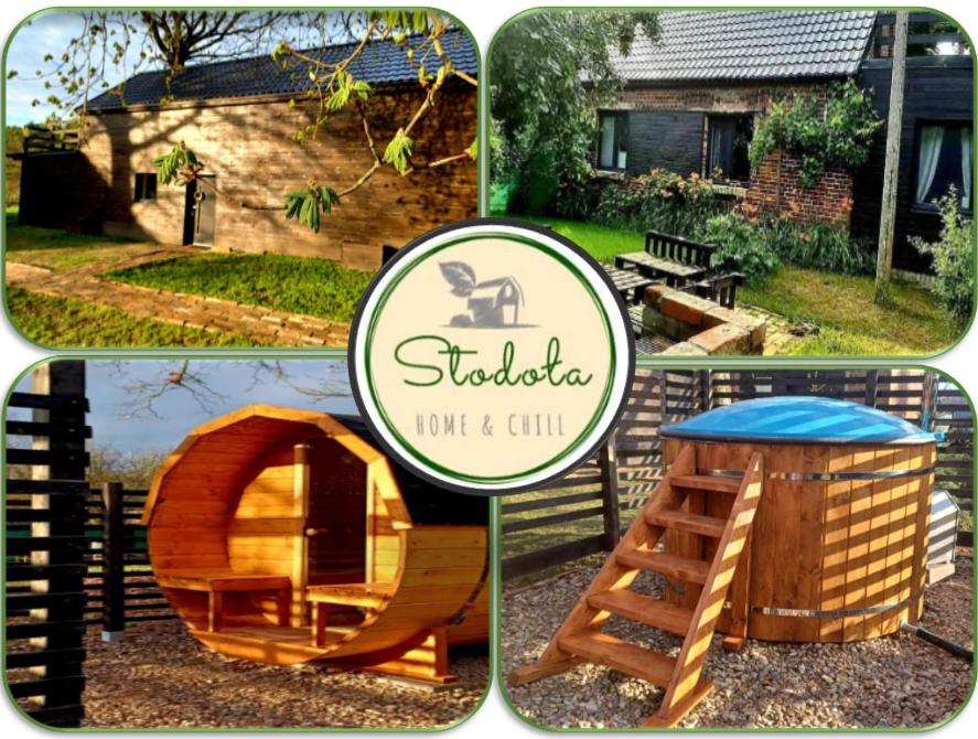 un collage de cuatro fotos de una casa y un patio de juegos en Stodoła HOME&CHILL, en Wronki