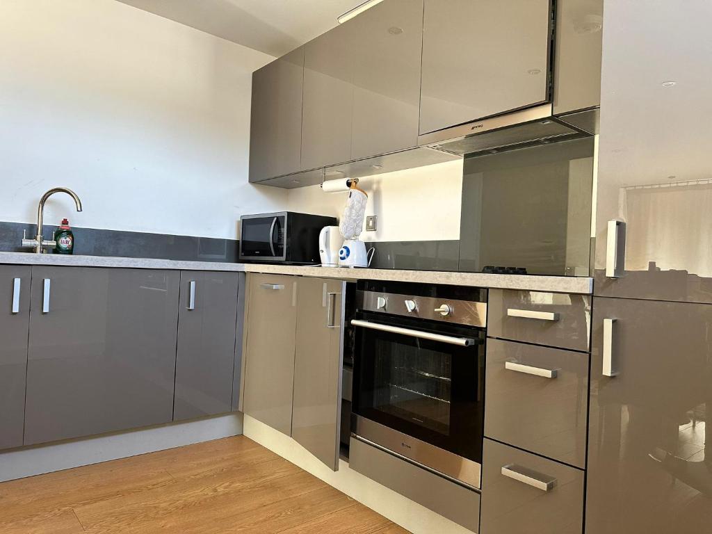 a kitchen with stainless steel appliances and gray cabinets at YES Apartments in Crayford
