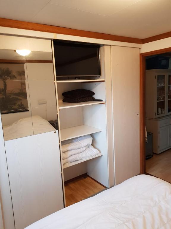 een slaapkamer met een kast met een tv en een bed bij De Blauwe Reiger mooi dubbel chalet in de Veluwse bossen in Putten