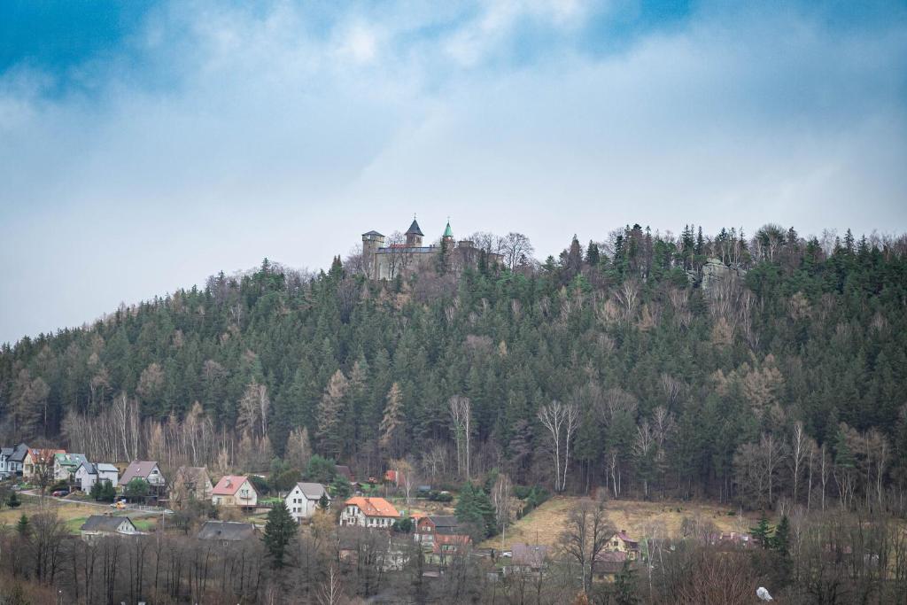 a castle on top of a hill with houses at Z widokiem na Zamek in Szczytna