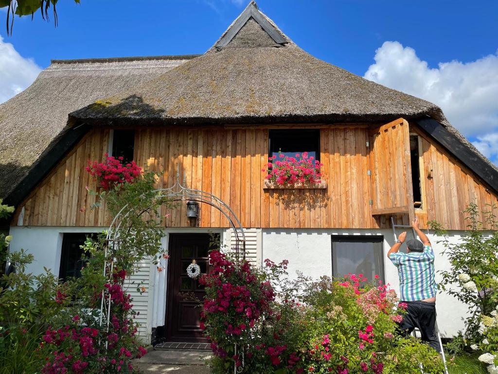 una casa con techo de paja y flores en la ventana en Tiny House Ostsee # Naturwerk, en Pruchten