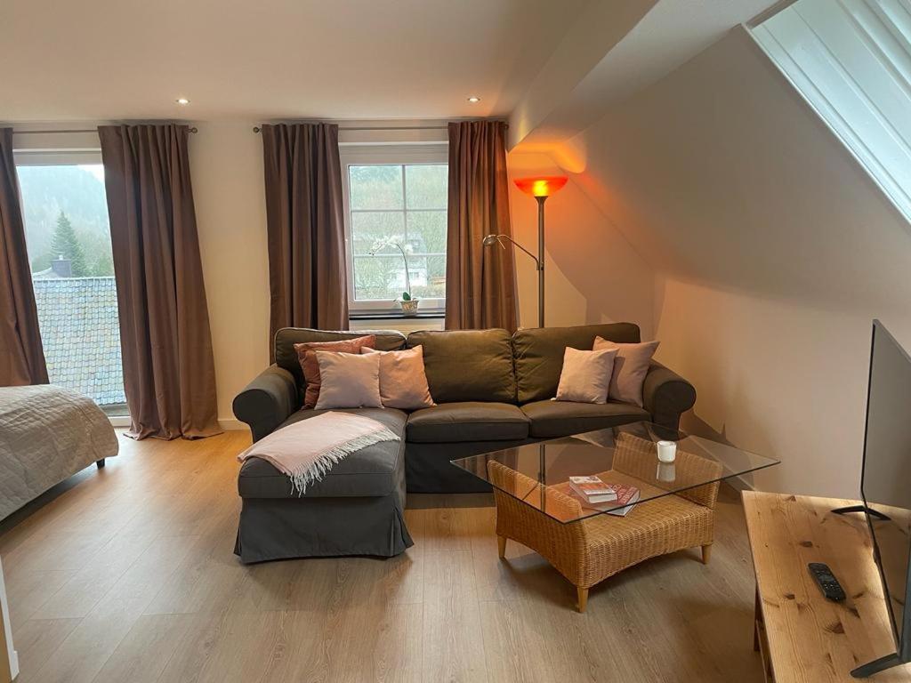 a living room with a couch and a table at Haus Wiesengrund in Hürtgenwald