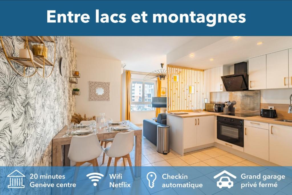 eine Küche mit weißen Schränken und einem Tisch mit Stühlen in der Unterkunft Lac-Montagne-Leman-Geneva, Garage, Tram in Annemasse