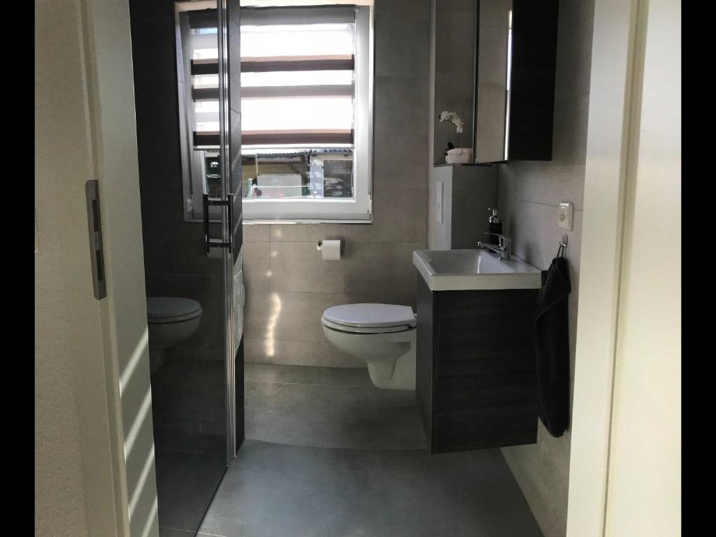 a bathroom with a toilet and a sink and a window at Ferienhaus Live Deluxe in der schönen Uckermark in Meyenburg