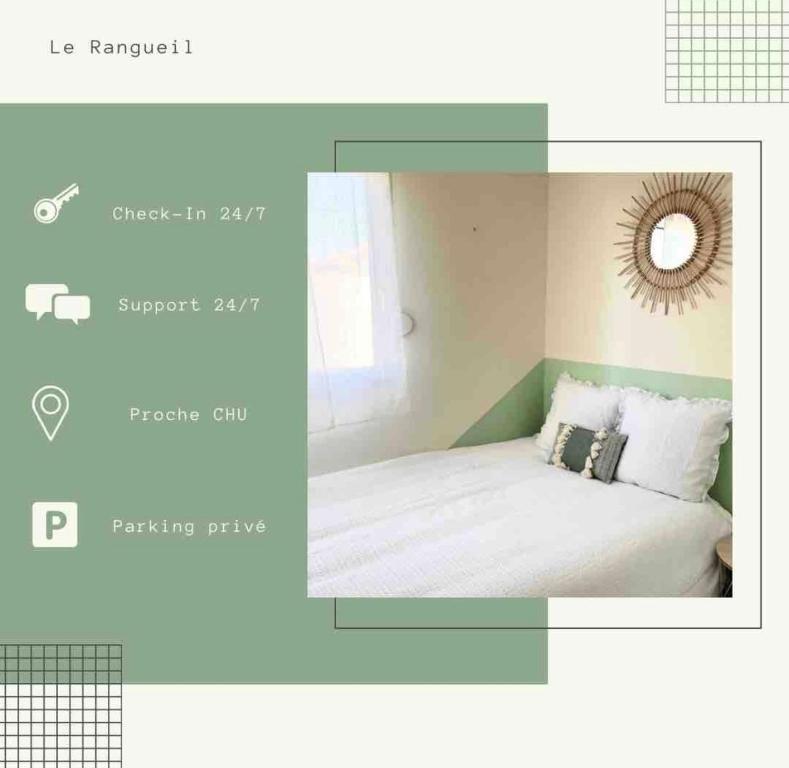 1 dormitorio con 1 cama con espejo en la pared en Le Rangueil entrée autonome Parking privé, en Toulouse