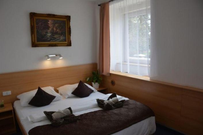 um quarto com uma cama com almofadas e uma janela em Hotel O.K. 1 em Beroun