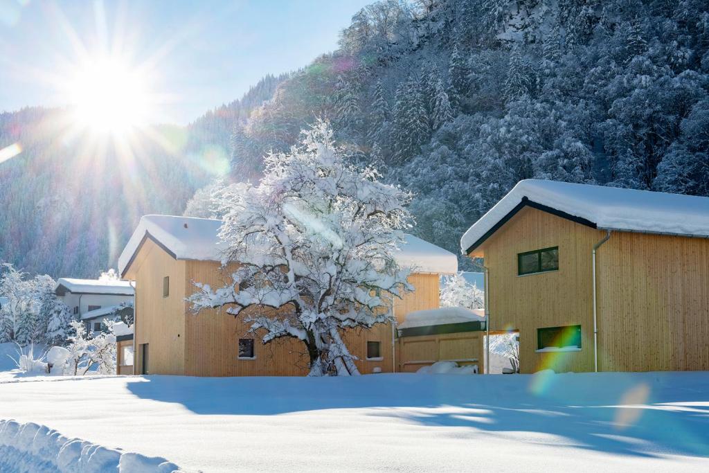 a snow covered building with a tree in front of a mountain at Haus Valtellina in Galgenul