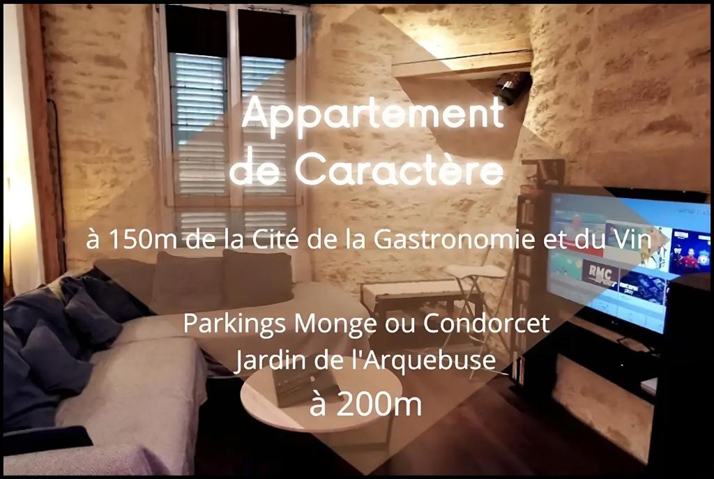 ein Wohnzimmer mit einem Sofa und einem TV in der Unterkunft Appartement DIJON Cité de la Gastronomie et du Vin - Arquebuse-Gare - A deux pas de toutes les commodités in Dijon