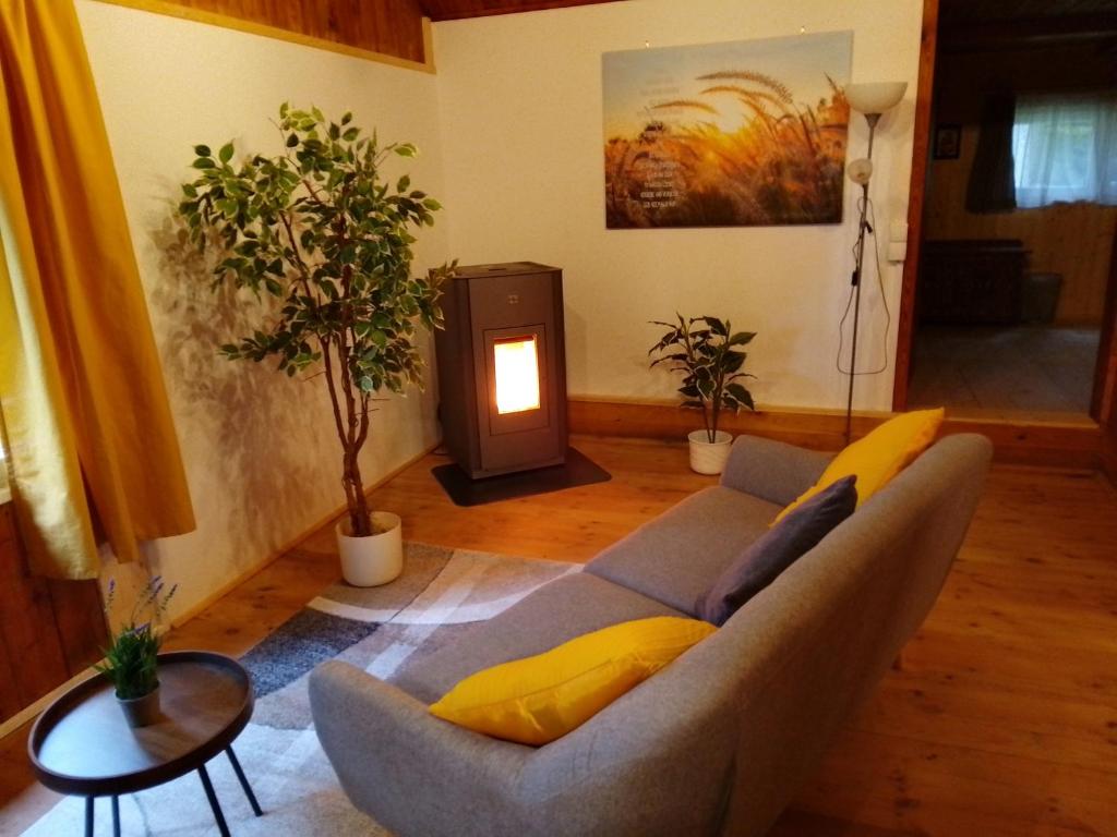 a living room with a couch and a table at Hütte Waldesruh in Kaltenberg