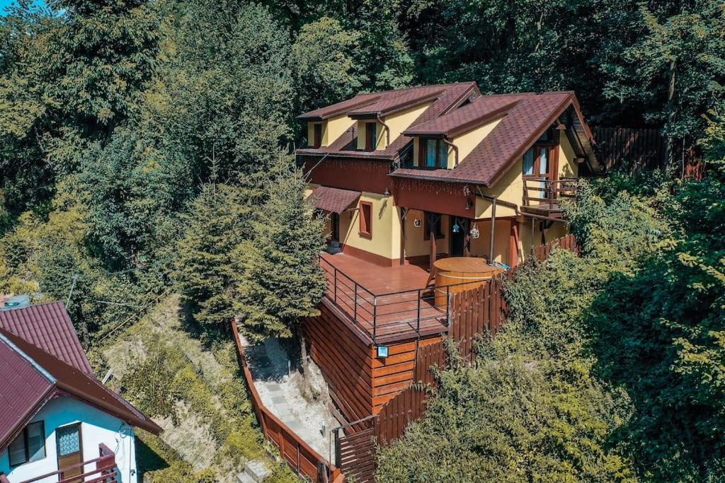 una vista aérea de una casa en una colina en Pinewood Cabin en Brasov