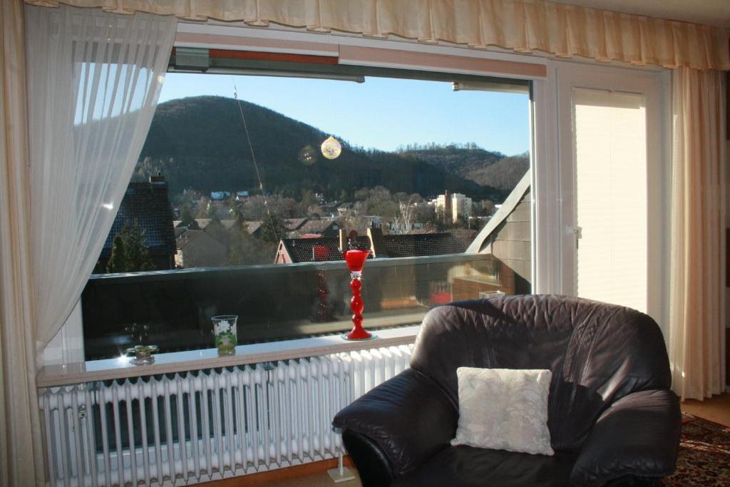 einem Stuhl vor einem großen Fenster in der Unterkunft Ferienwohnung Baude in Bad Harzburg
