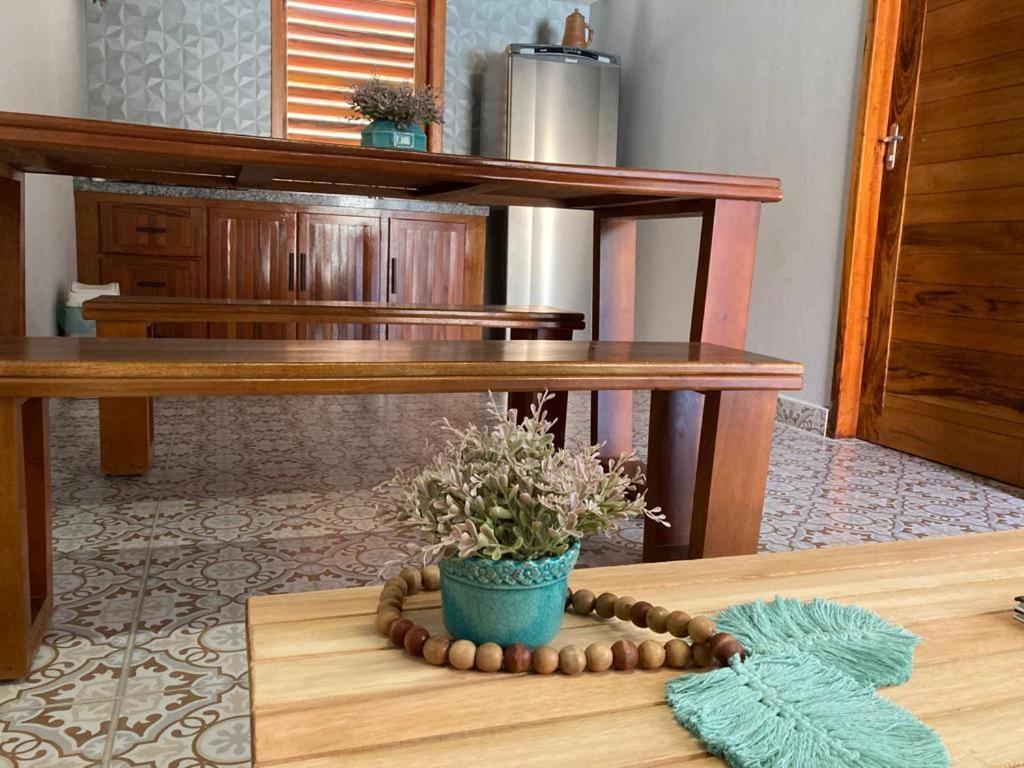 a wooden table with a potted plant on top of a table at Lyttos Bungalows in Icapuí