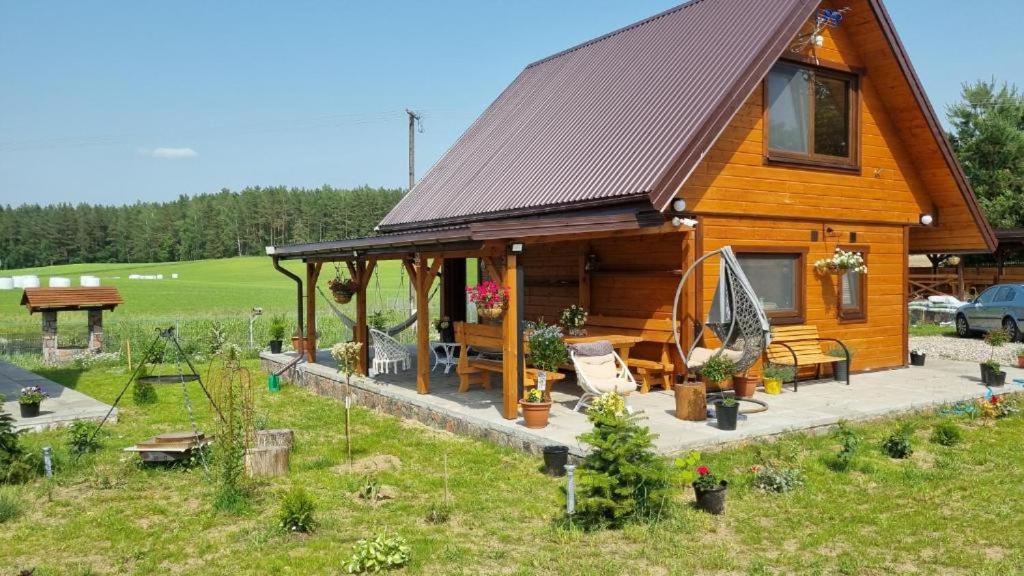 Rutka TartakAgrosturystyka Leśna 21的小木屋设有门廊和庭院