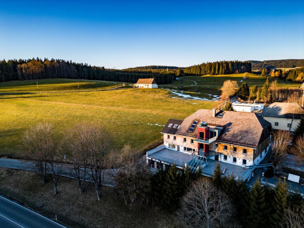 an aerial view of a large house in a field at Hotel Lafette in Hinterzarten