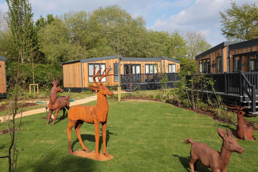 una statua di cervo nell'erba di fronte a un edificio di Sandy Balls Holiday Village a Fordingbridge