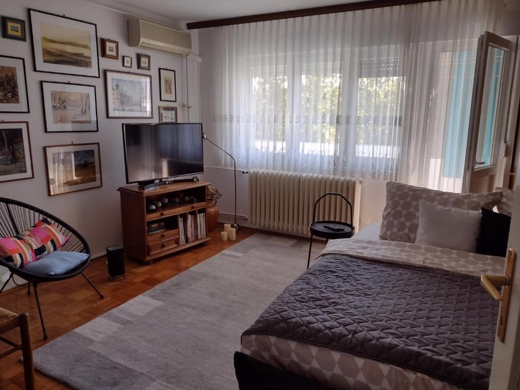 1 dormitorio con 1 cama y TV de pantalla plana en Apartman ZITA en Osijek