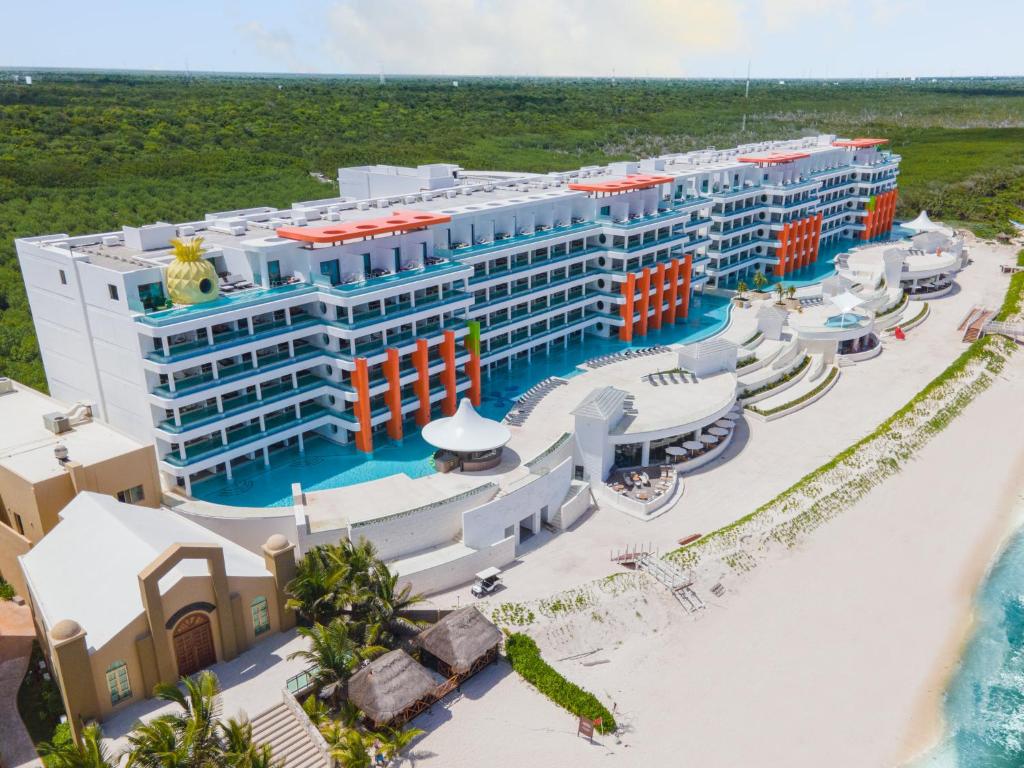 an aerial view of a resort on the beach at Nickelodeon Hotels & Resorts Riviera Maya All Inclusive in Puerto Morelos