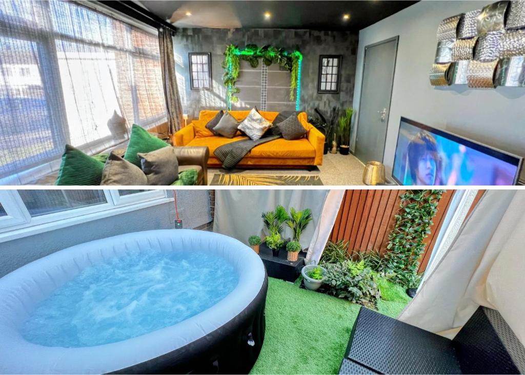two pictures of a living room with a hot tub at The Cave House Canterbury with Hot Tub in Kent