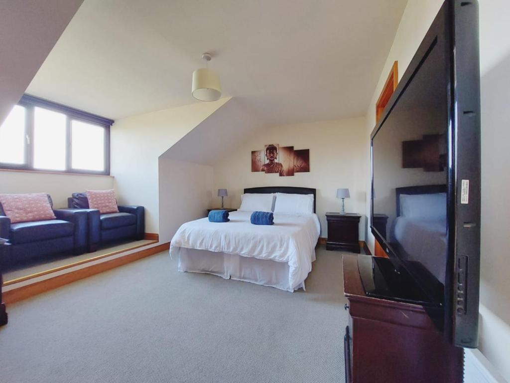 a bedroom with a bed and a flat screen tv at Private accommodation in house close to Galway City in Galway