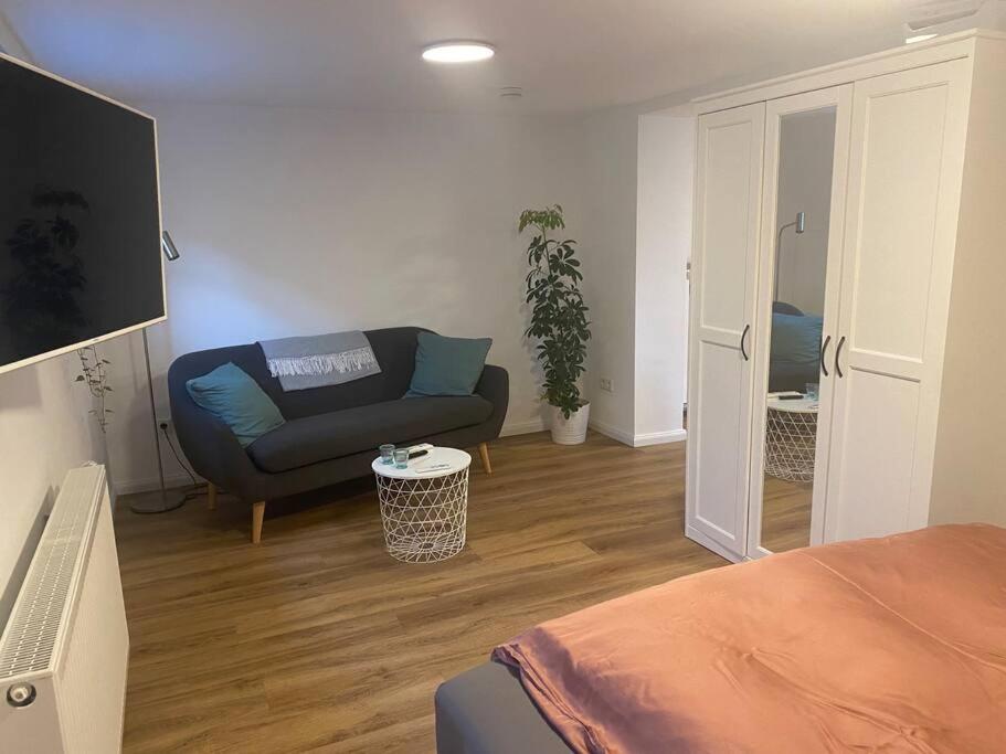 a living room with a couch and a tv at Klein aber oho! Neues Apartment in Stadt- und Fuldanähe in Kassel