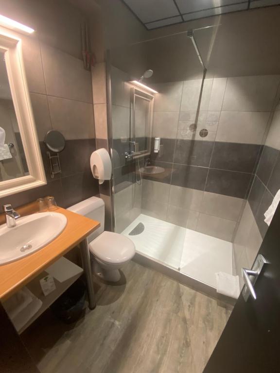 a bathroom with a shower and a toilet and a sink at Hotel Des Lices in Rennes
