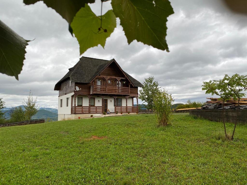 a house sitting on top of a green field at Casa din Deal in Văleni