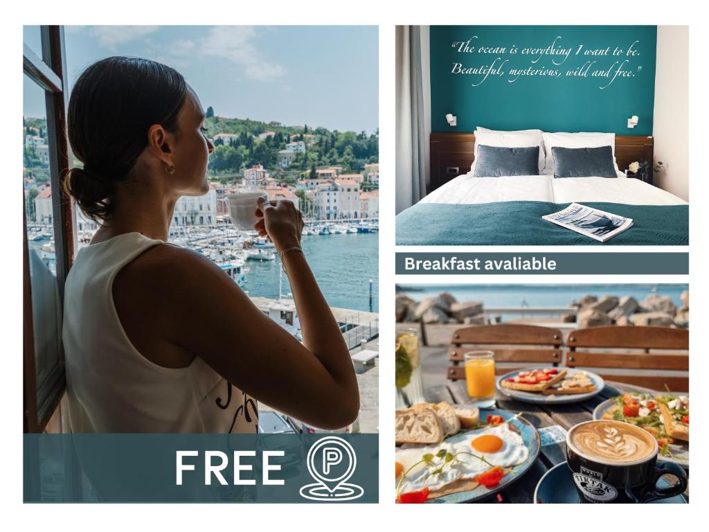 a woman drinking coffee and eating breakfast in a hotel room at Vila Piranesi Apartments - Parking included in Piran
