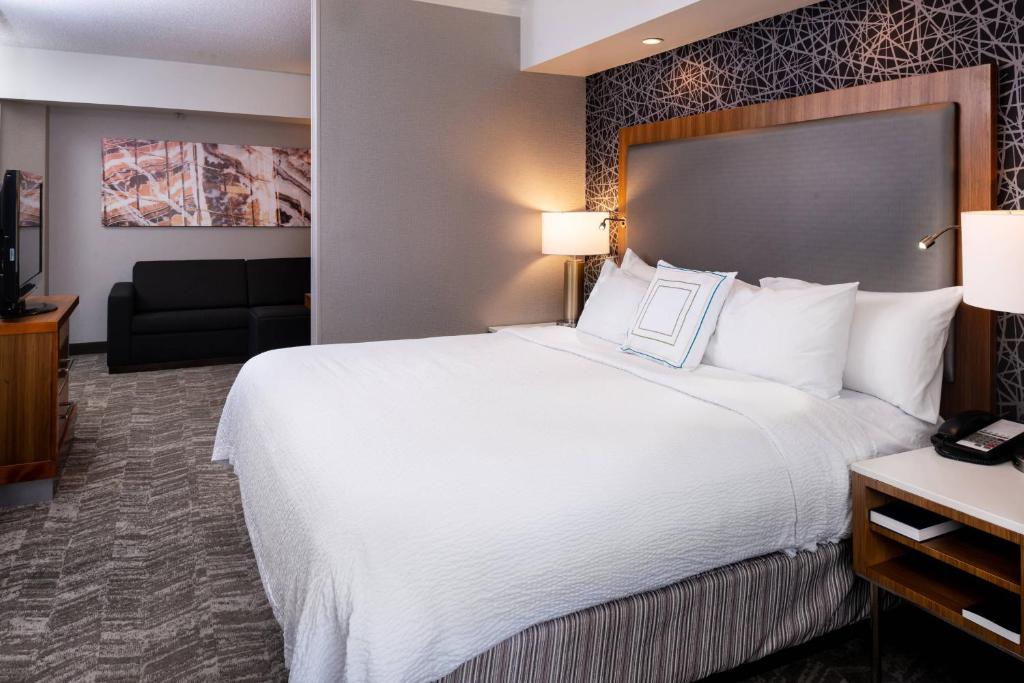 Habitación de hotel con cama grande y sofá en SpringHill Suites by Marriott Pittsburgh North Shore, en Pittsburgh