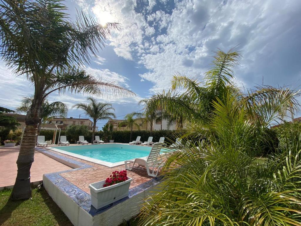 a swimming pool with chairs and a palm tree at Verter Home B&B in Ovile la Marina