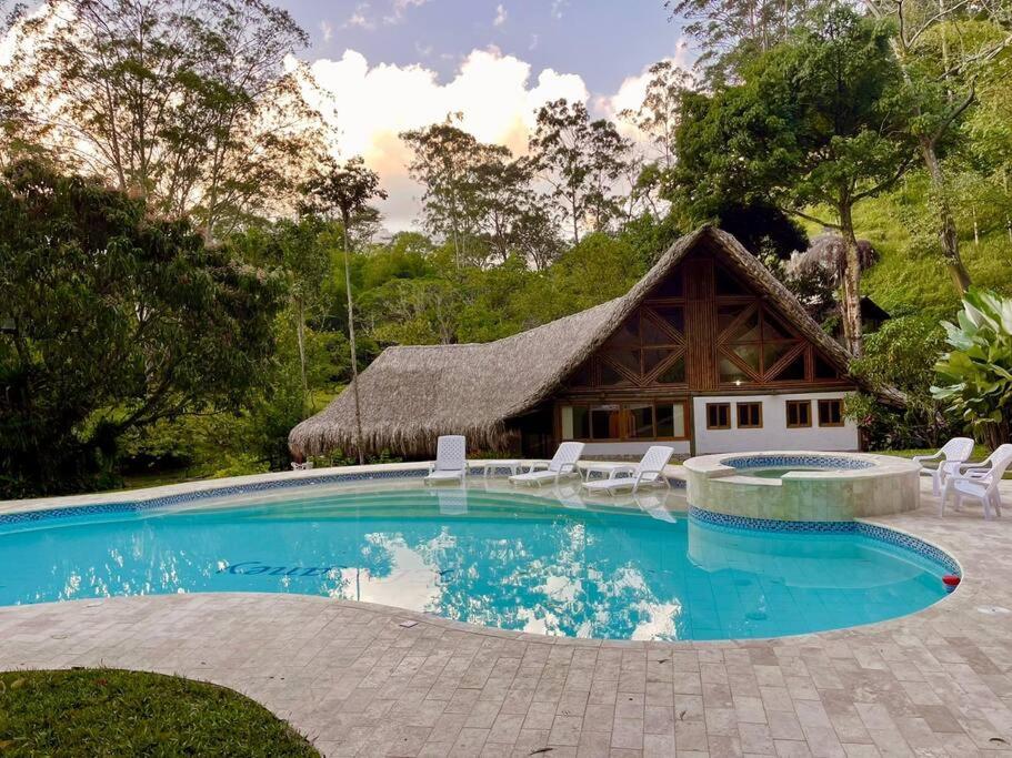 ein Haus mit einem Pool und einem Strohdach in der Unterkunft HERMOSA FINCA A 20 KM DE MEDELLIN LLENA DE NATURALEZA in Girardota