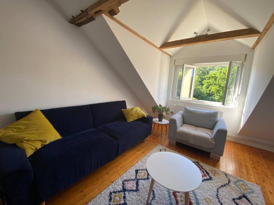 ein Wohnzimmer mit einem blauen Sofa und einem Stuhl in der Unterkunft L’appartement du Parc in Longeville-lès-Metz