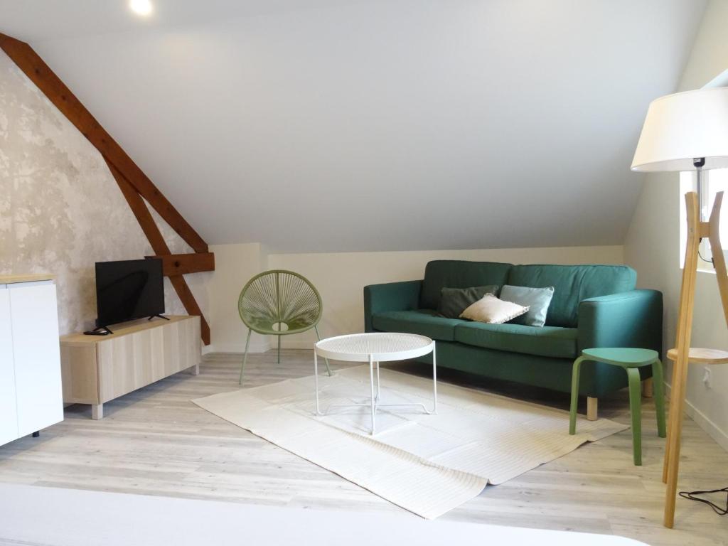 sala de estar con sofá verde y mesa en T3 neuf 55m2 4 personnes avec jardin au calme, ménage et draps inclus en Luchon