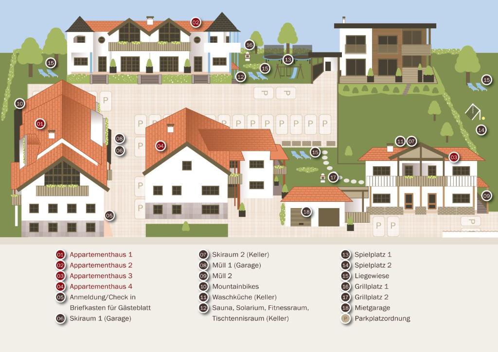 um diagrama de uma casa com diferentes tipos de casas em Ferienanlage Hechenbergerhof em Bichlbach