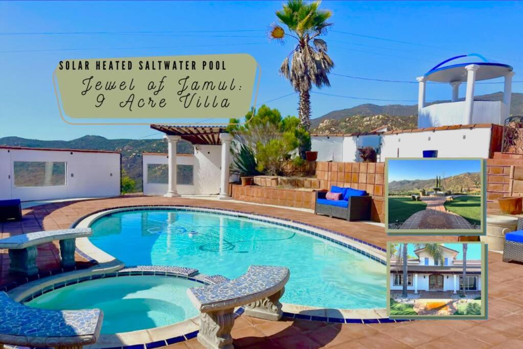 a collage of photos of a swimming pool with a sign that reads summer run at 8 ACRES, Heated Salt Pool, Spa, Skyline Views, Mini-golf, Horseshoes, B-Ball Court, Hilltop Resort in Jamul