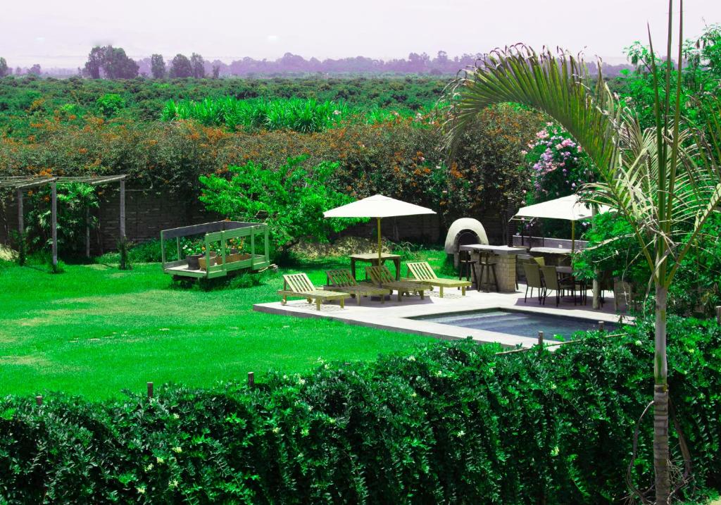 a garden with picnic tables and umbrellas in the grass at Casa de Campo La Escondida in Chincha Baja