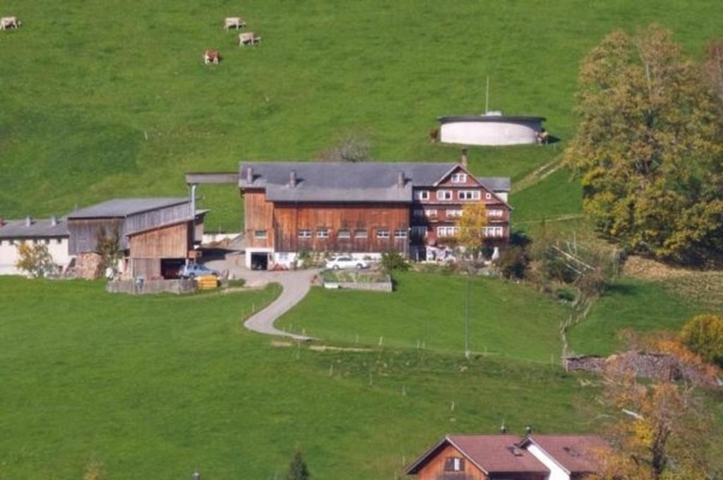 duża stodoła na zielonym polu z gospodarstwem w obiekcie Bauernhof Hasenbüel w mieście Sankt Peterzell