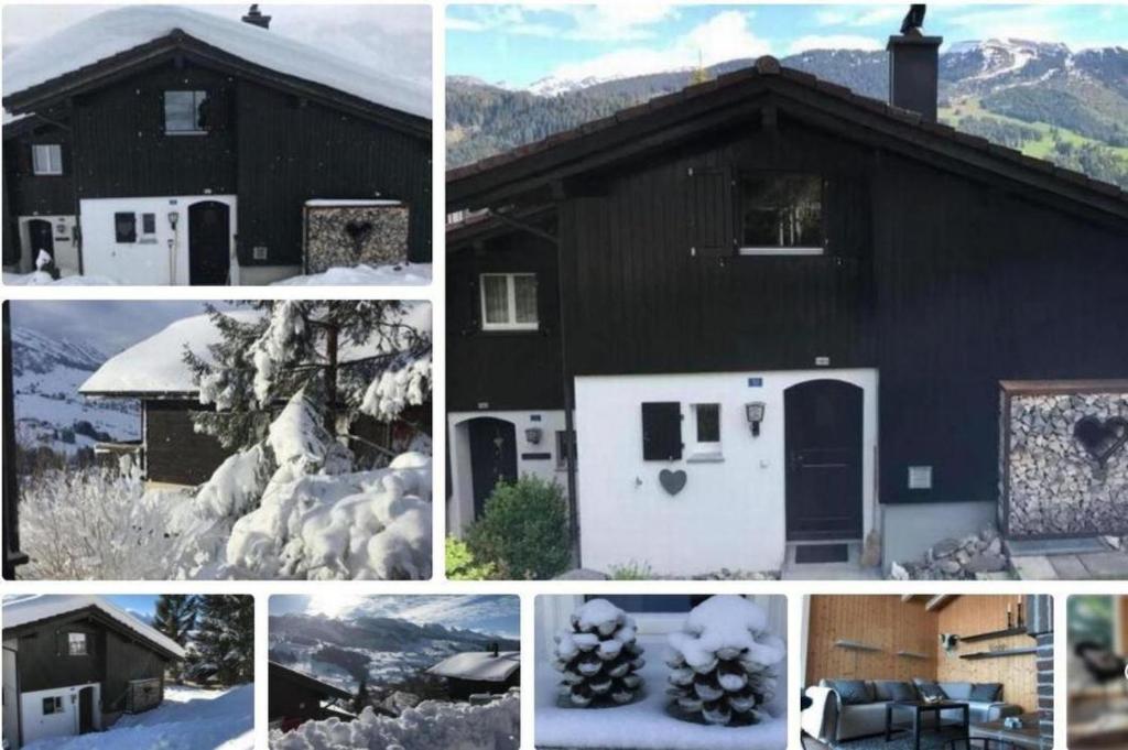 un collage de photos d'une maison dans la neige dans l'établissement Chalet Toggi, à Wildhaus