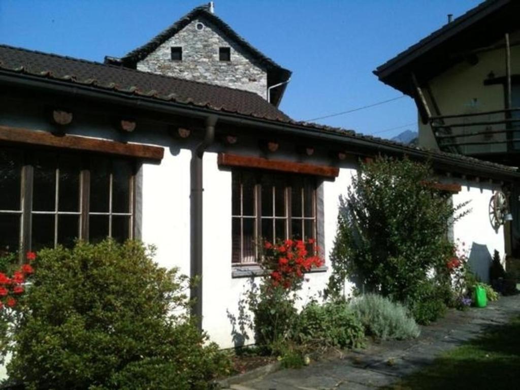 ein weißes Haus mit roten Blumen davor in der Unterkunft Casa San Cristoforo - "Atelier" in Maggia