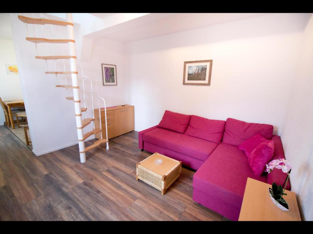阿斯菲爾德的住宿－NEU! Schicke FeWo Alsfeld，一间带紫色沙发和螺旋楼梯的客厅