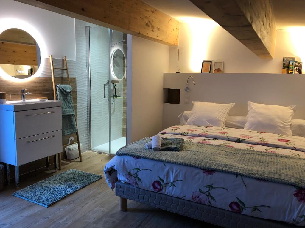 a bedroom with a bed and a sink and a mirror at U Vechju Fragnu in Vezzani