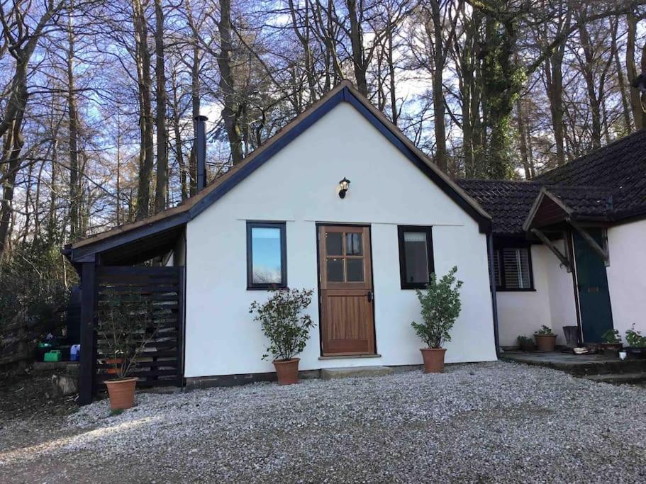 Cabaña blanca pequeña con puerta marrón en Cute studio cottage. Wood burner. Amazing views, en Longhope