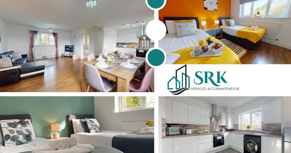 uma colagem de fotos de um quarto e uma sala de estar em Beautiful & Spacious with 2 Free Parking Spaces - SRK Accommodation em Peterborough