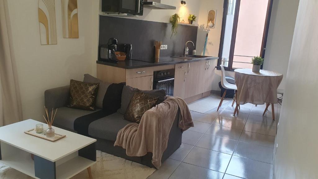 - un salon avec un canapé et une table dans l'établissement COSY CLIM CENTRE VILLE, à Montélimar