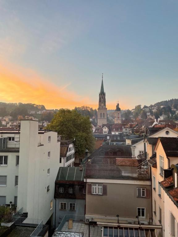 a view of a city skyline with a church at Central Room with amazing view in St. Gallen