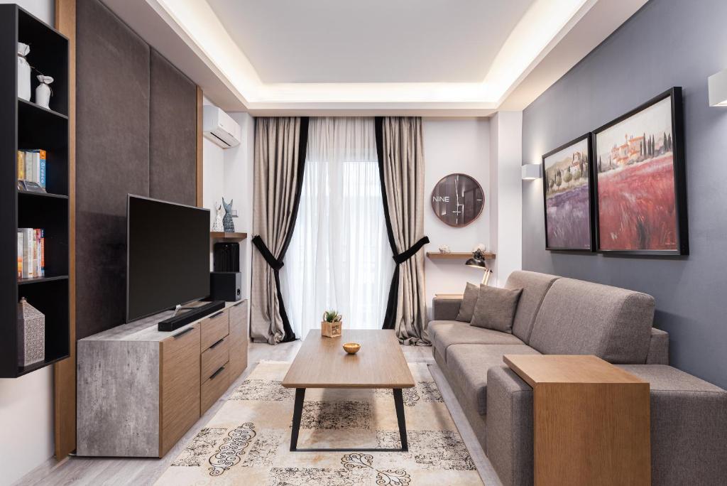 アテネにあるAcropolis Elegant Apartmentのリビングルーム(ソファ、テレビ付)